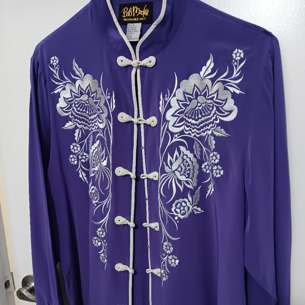 BOB MACKIE WEARABLE ART PURPLE SILK SHIRT  LARGE